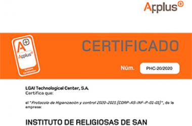 Certificat en el Protocol d'Higienització i Control de Applus+, concedit a l'Institut de Religioses de Sant Josep de Girona