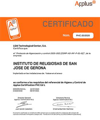  Certificado en el Protocolo de Higienización y Control de Applus+, concedido al Instituto de Religiosas de San José de Gerona