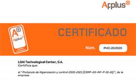  Certificado en el Protocolo de Higienización y Control de Applus+, concedido al Instituto de Religiosas de San José de Gerona